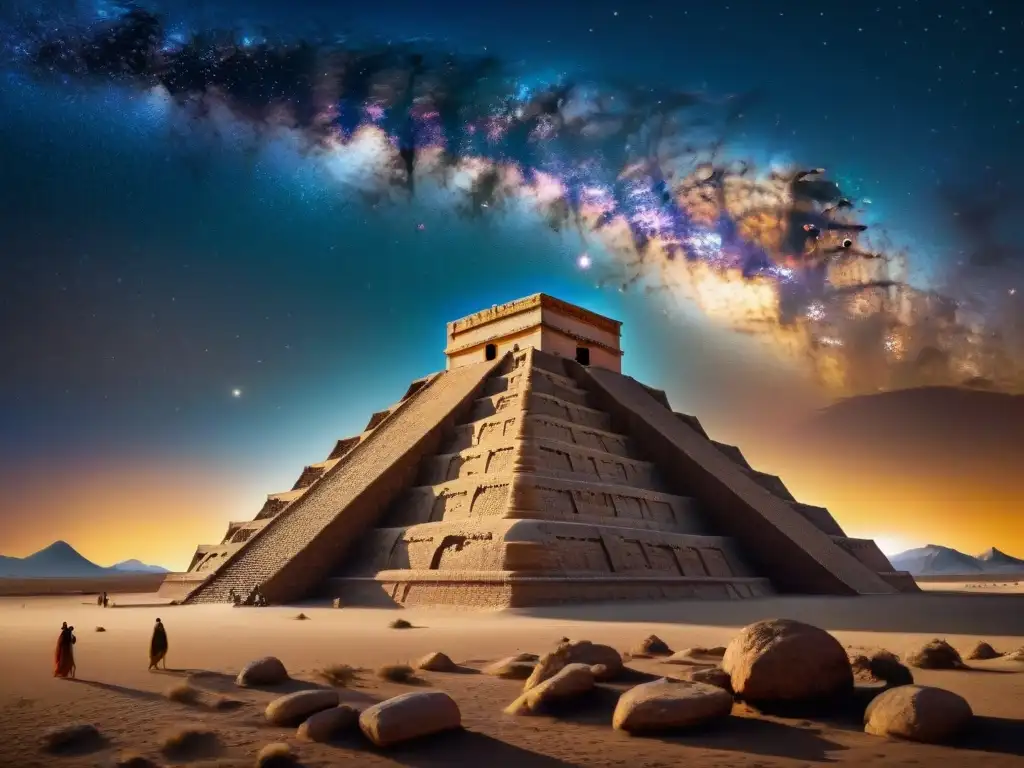 Imponente ziggurat iluminado por antorchas bajo un cielo estrellado y luna creciente