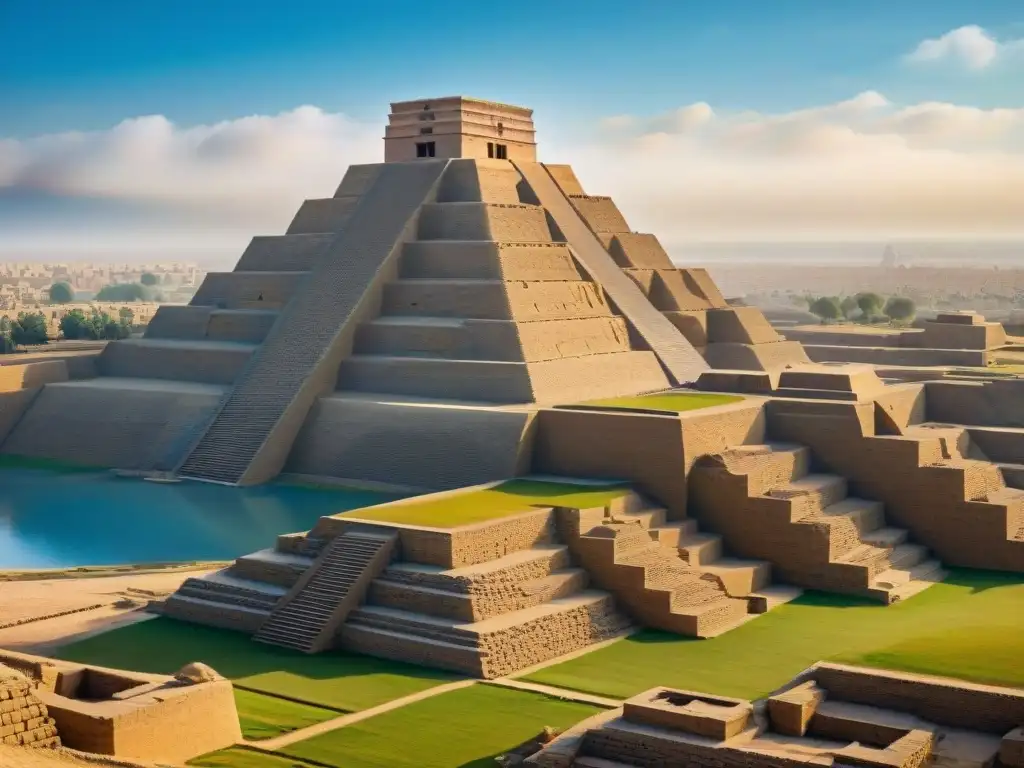 Imponente ziggurat en Mesopotamia destacando su arquitectura ancestral bajo cielo azul