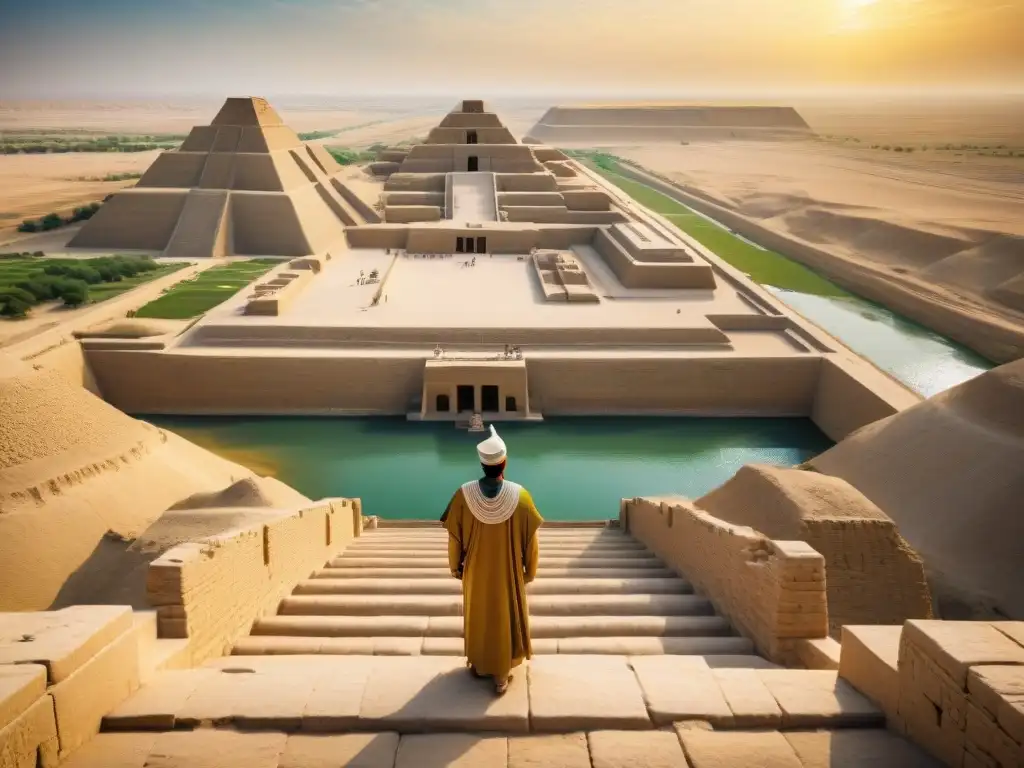 Imponente ziggurat de Ur en Mesopotamia, sacerdotes realizando rituales bajo deidades aladas, el río Éufrates de fondo