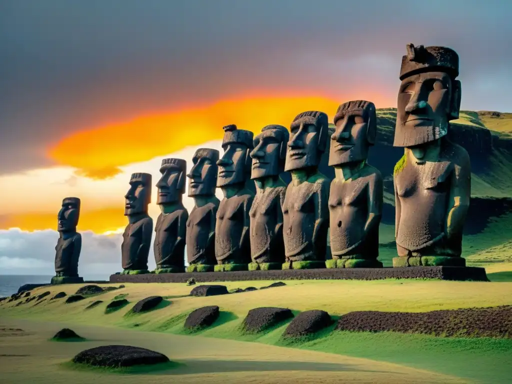 Imponentes Moai en la Isla de Pascua al atardecer, revelando su origen y significado