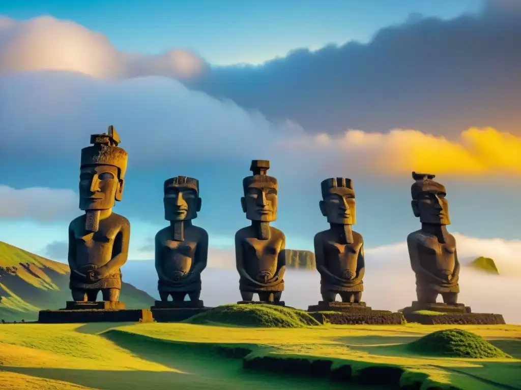 Imponentes Moáis de Rapa Nui al amanecer, revelando los Secretos de la Isla