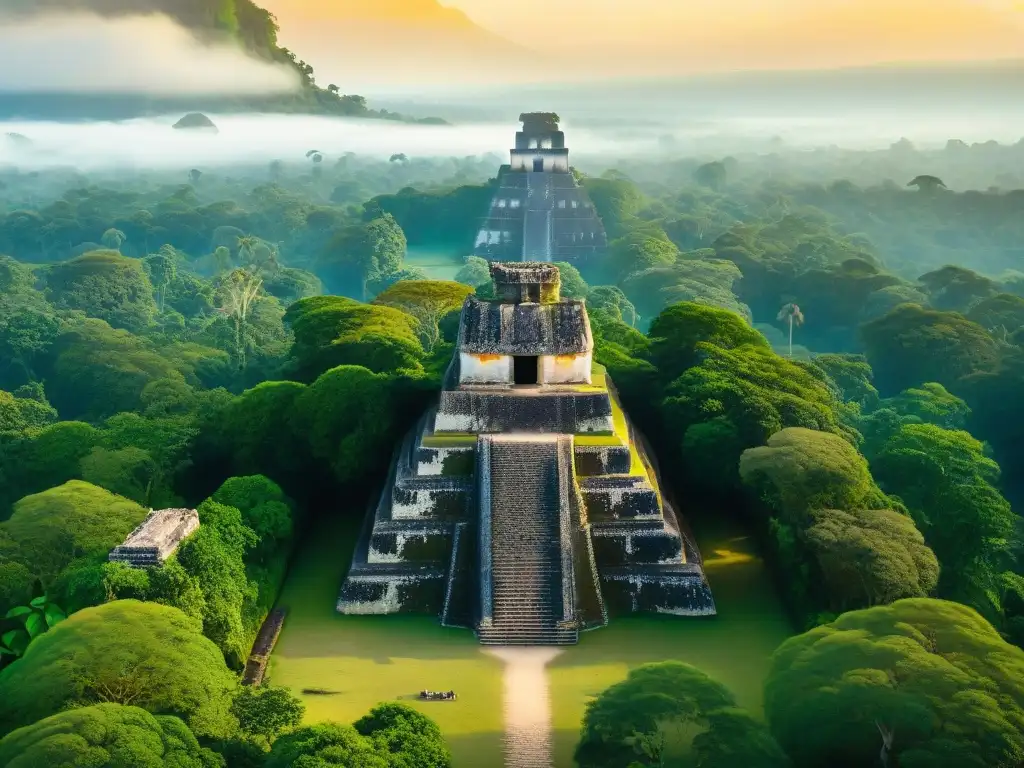 Imponentes ruinas de Tikal entre la exuberante selva, resaltando los misterios de la grandeza maya