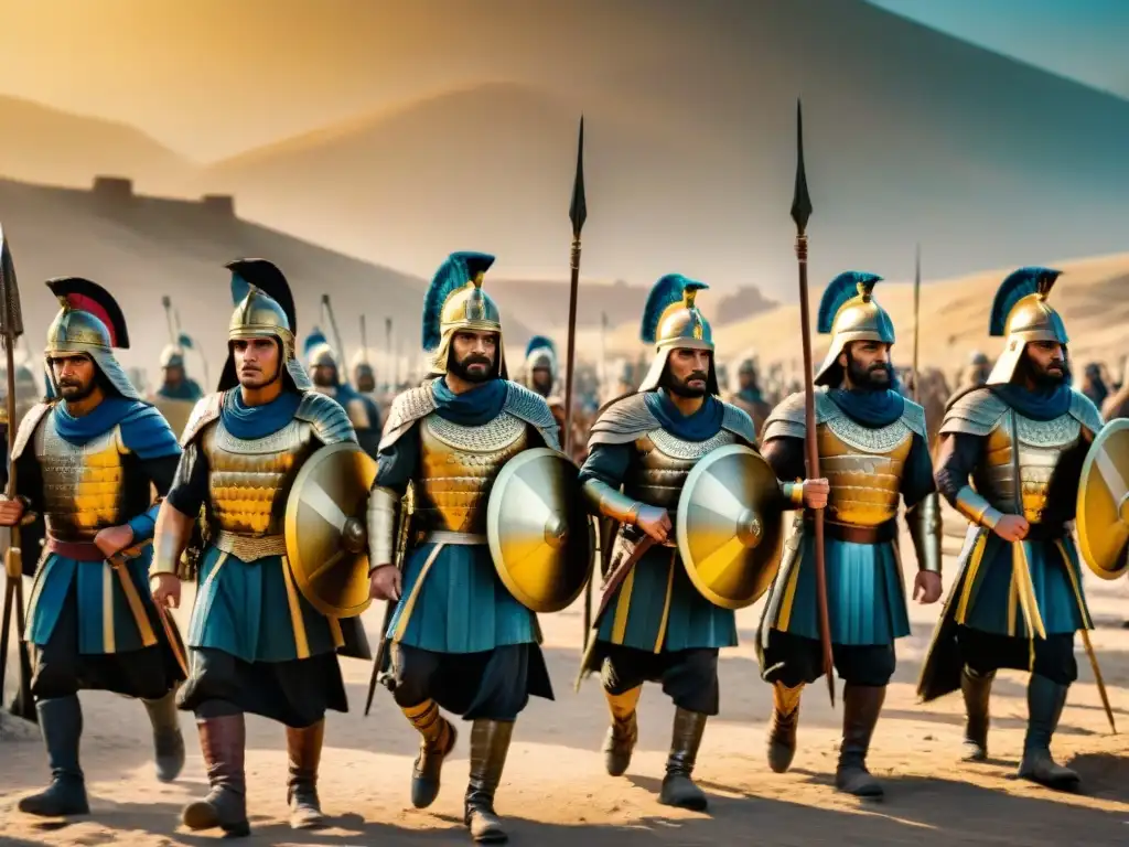 Soldados de Mesopotamia en Formación: Imagen Detallada y Potente Imponentes soldados mesopotámicos en formación, con armaduras de bronce, marchan cerca de los ríos Tigris y Éufrates y la ciudad antigua de Babilonia