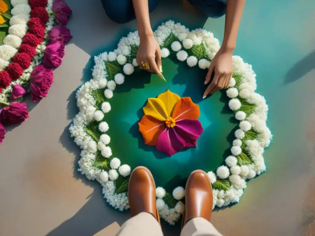 Una impresionante fotografía de arte indio contemporáneo, capturando la belleza y misterio de un detallado diseño de Rangoli