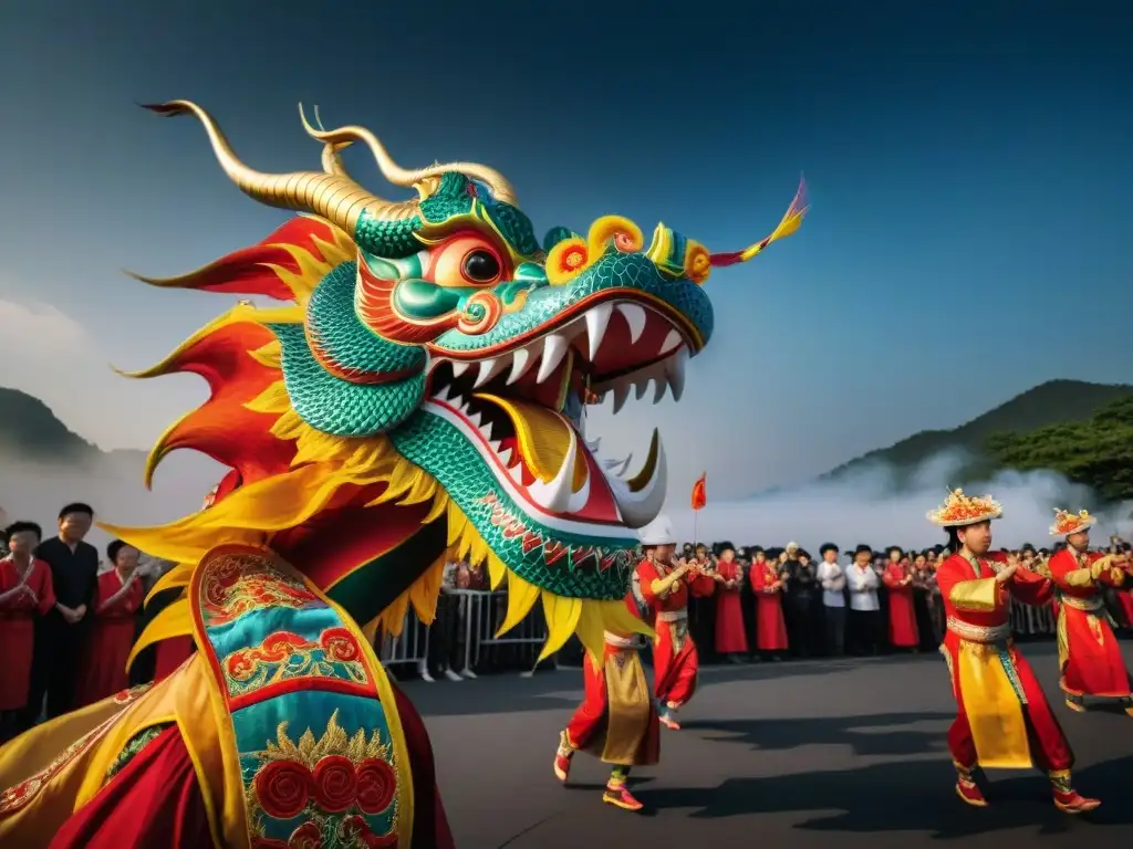 Un impresionante baile de dragones chinos durante un eclipse solar, capturando la esencia mística y simbólica de la cultura china