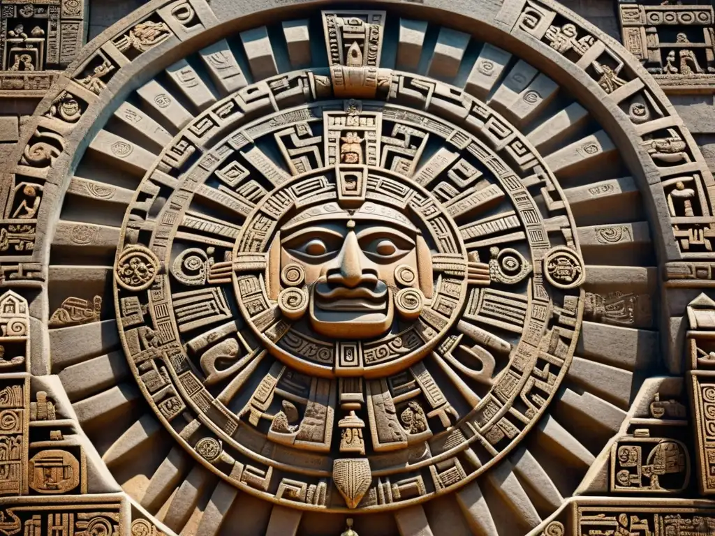 Un impresionante calendario azteca tallado en una pared de piedra, resaltando símbolos y figuras detalladas de la cosmología azteca