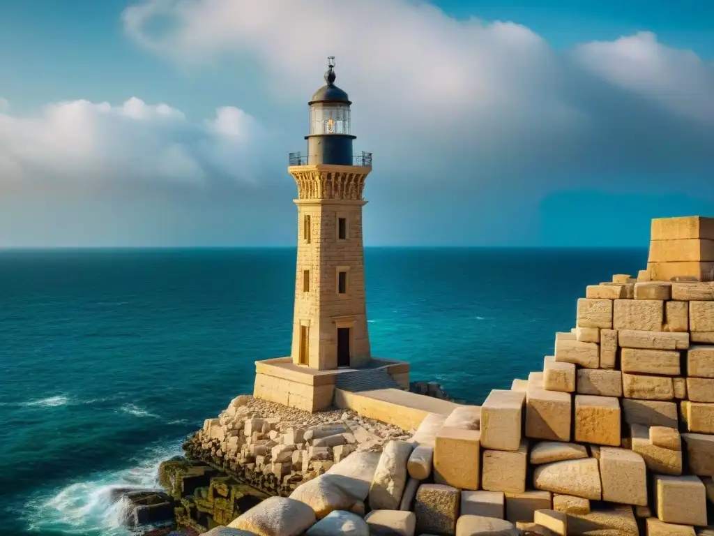 Impresionante detalle arquitectónico del Faro de Alejandría, destacando la construcción ingeniería y la grandeza frente al mar