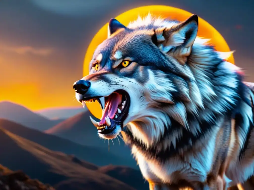 Impresionante ilustración del mitológico lobo Fenrir destacando ante un eclipse solar, fusionando mitología nórdica y fenómenos celestiales