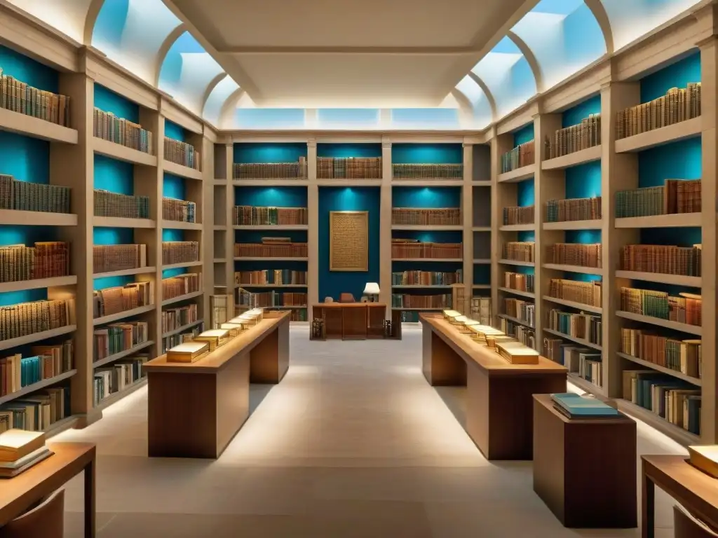 Impresionante escena de la Biblioteca de Alejandría durante la Dinastía Ptolemaica, fusionando la cultura de Grecia y Egipto con sabiduría antigua y conocimiento