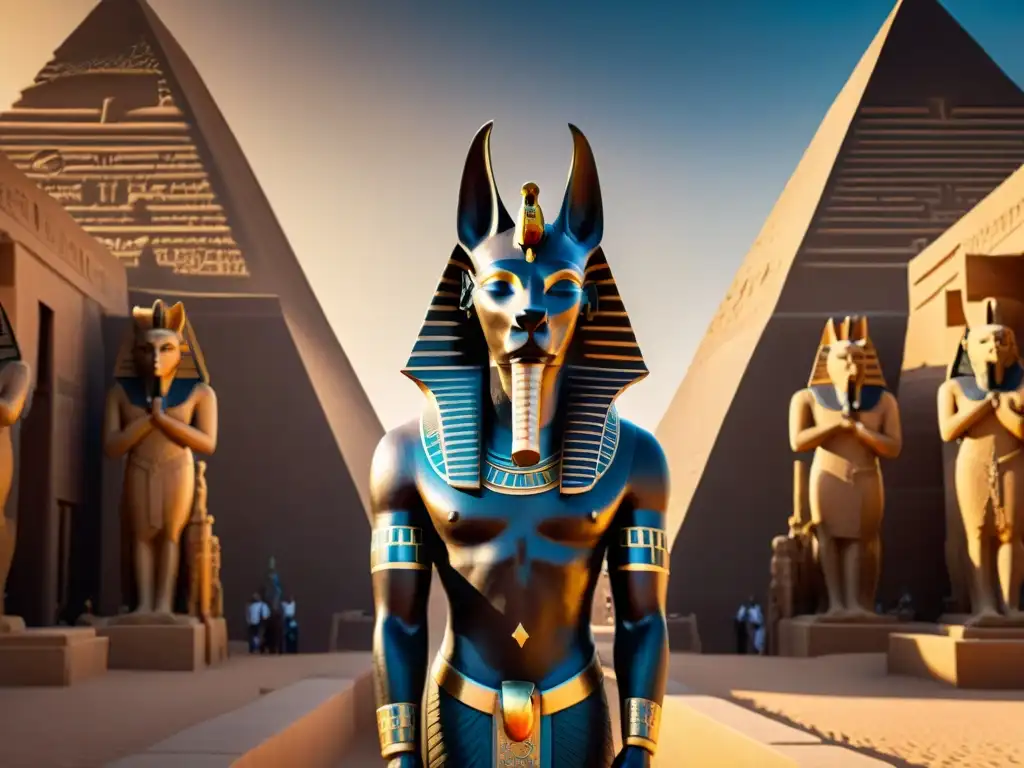 Impresionante estatua de Anubis con detalles realistas y temple de fondo al atardecer