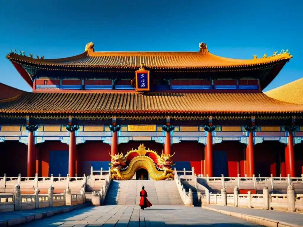 Impresionante Hall of Supreme Harmony con detalles dorados de dragones en la Ciudad Prohibida de Beijing