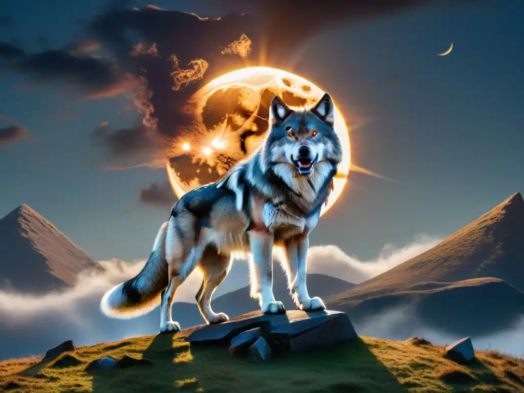 Impresionante ilustración de la mitología nórdica: el colosal lobo Fenrir acechando durante un eclipse solar