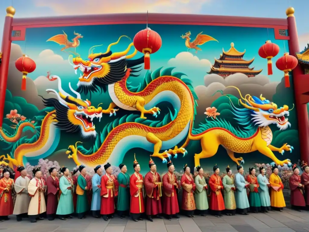 Un impresionante mural que muestra la evolución de las celebraciones del Año Nuevo Chino a lo largo de las civilizaciones, lleno de colores vibrantes, trajes detallados y rituales tradicionales