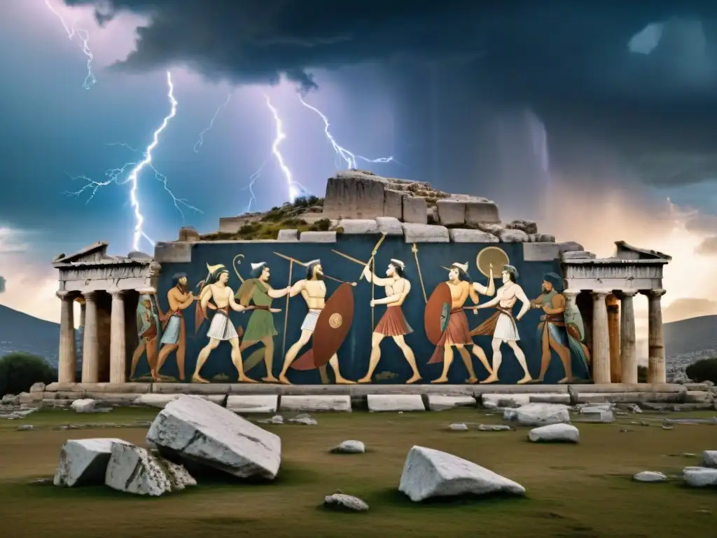 Impresionante mural griego mostrando batalla entre cíclopes y titanes en ruinas antiguas