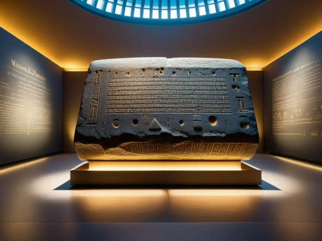 Impresionante réplica de la Piedra Rosetta en un museo, iluminada y rodeada de visitantes