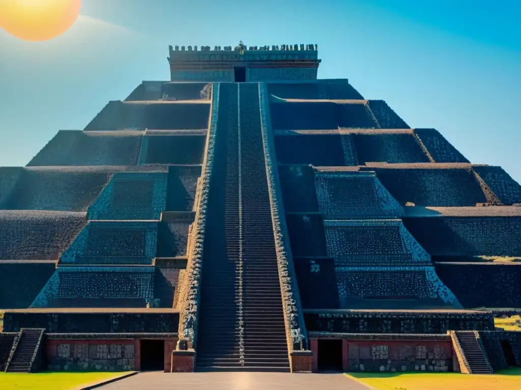 Impresionante Pirámide del Sol en Teotihuacán, reflejando el poder de los dioses y la precisión arquitectónica mesoamericana