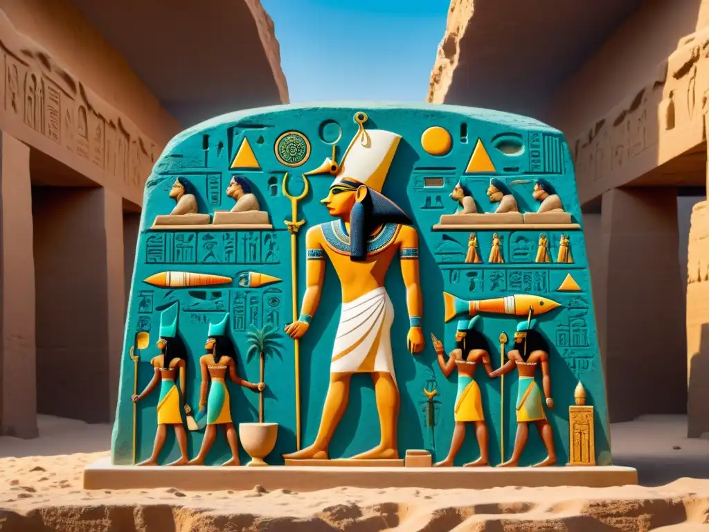 Impresionante relieve egipcio del Culto a Osiris en Egipto con colores vibrantes y detalladas escenas de resurrección