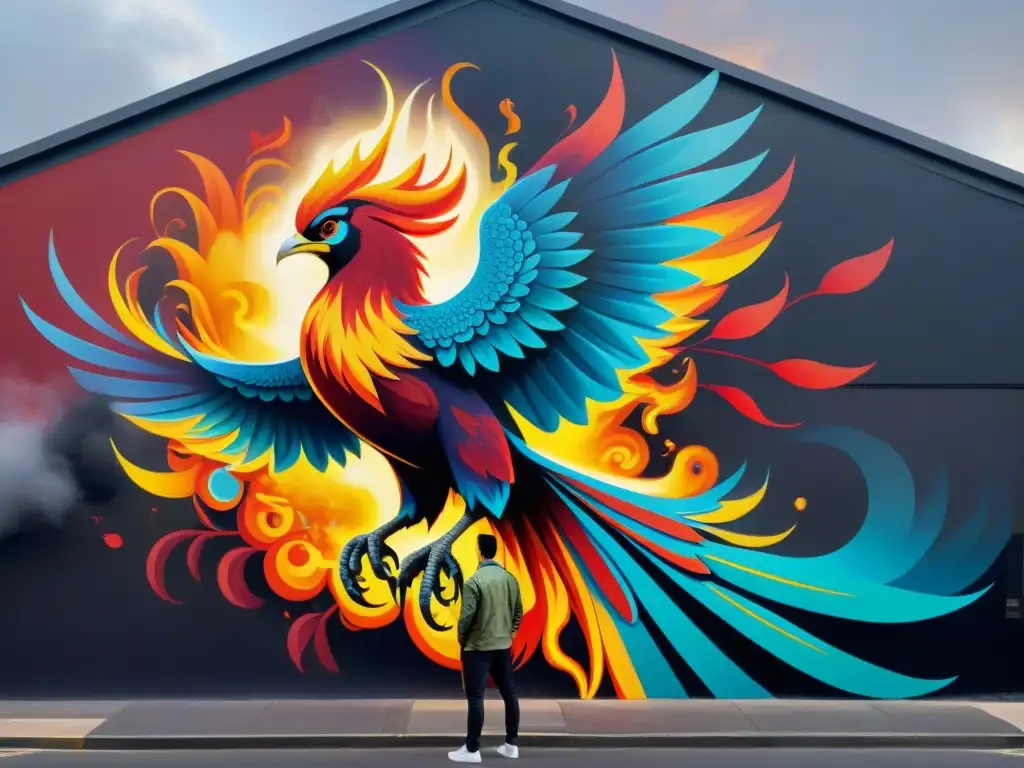 Una impresionante representación del Ave Fénix en un mural urbano vibrante, simbolizando su significado cultural de renacimiento y renovación