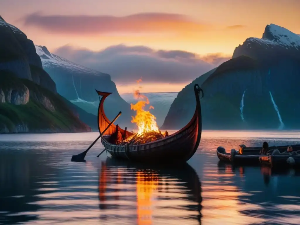 Impresionante ritual funerario vikingo en un fiordo al anochecer