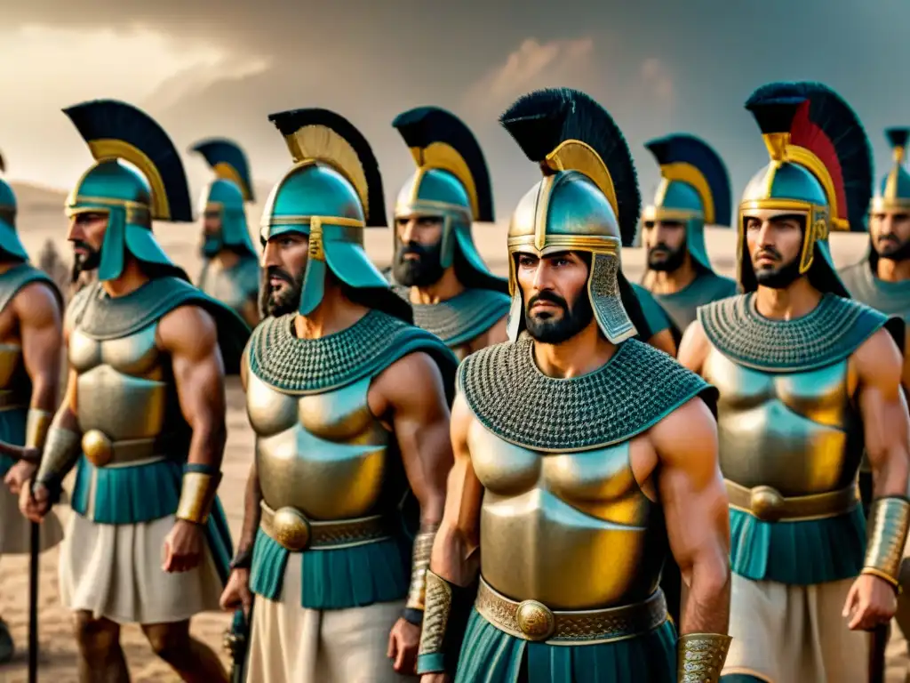 Impresionante ilustración de soldados antiguos de Mesopotamia en formación de batalla, destacando armas guerra antigua Mesopotamia