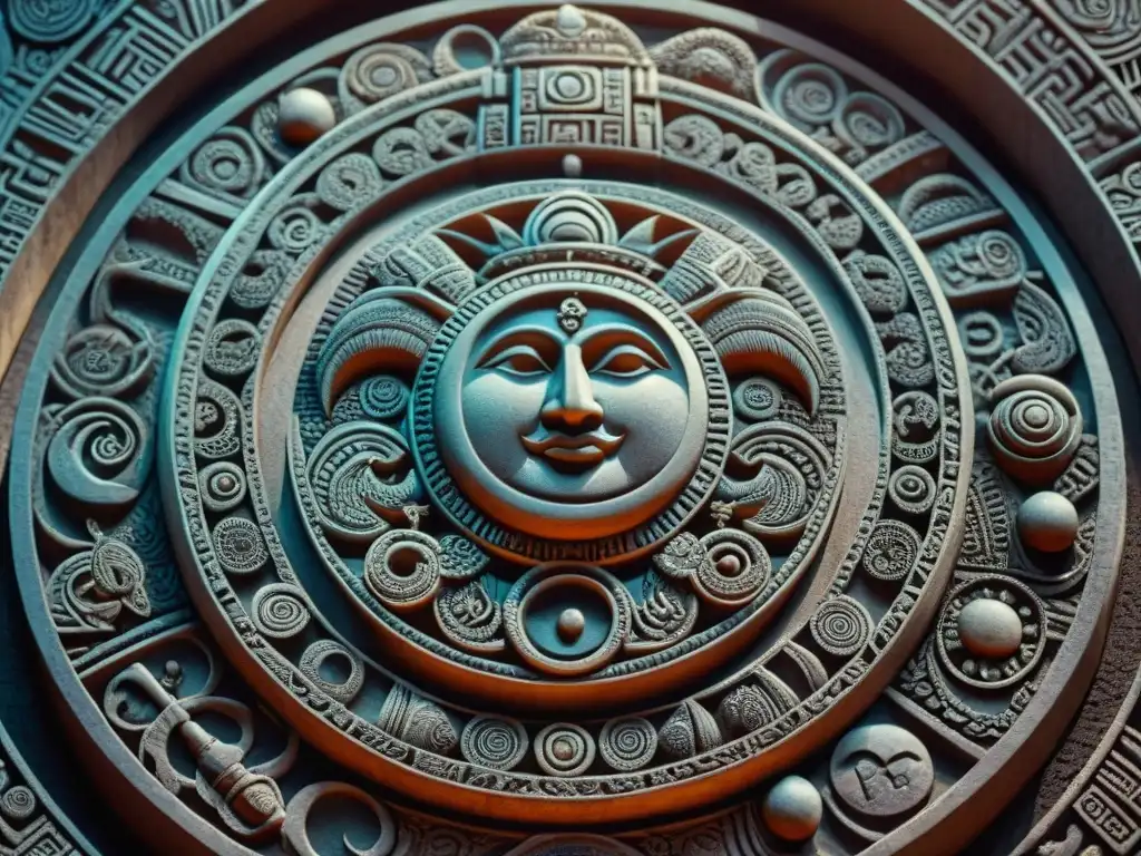 Una impresionante talla maya detallada de las fases lunares, rodeada de símbolos y patrones, reflejando la influencia lunar en civilizaciones antiguas