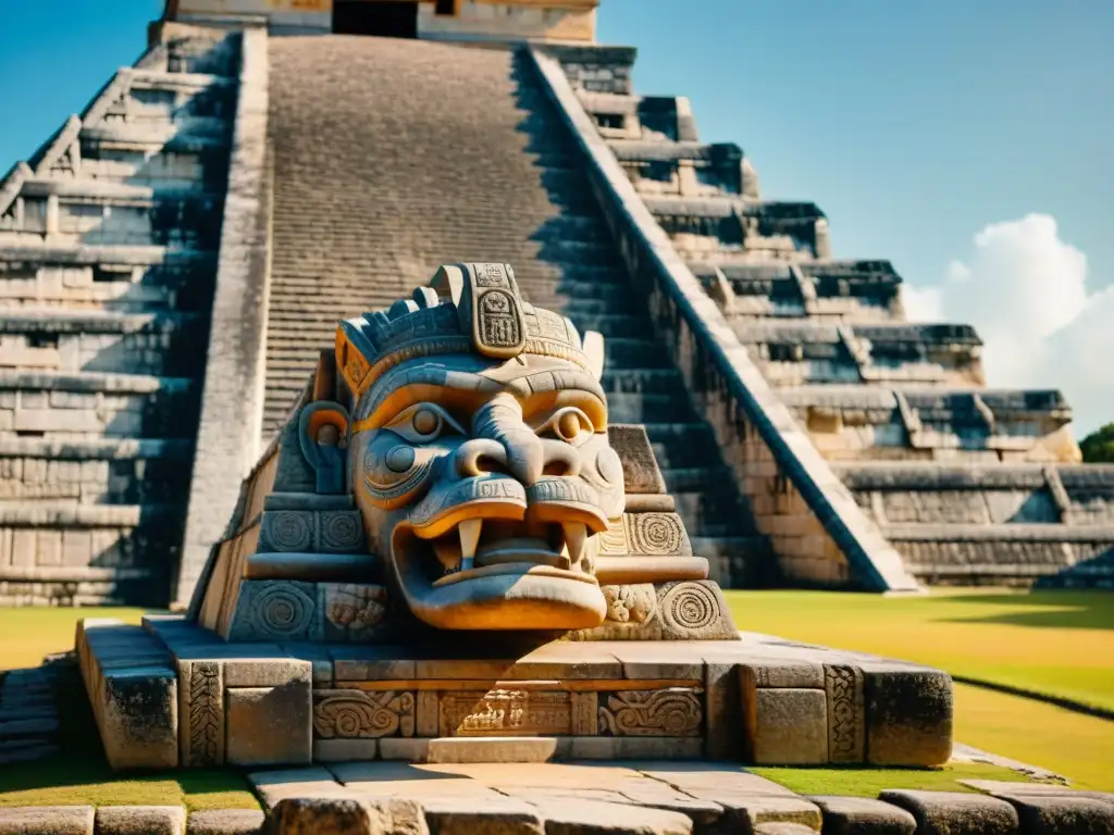 Una impresionante talla de piedra de Kukulkán, la serpiente emplumada, en la pirámide maya de Chichén Itzá: mito convertido en realidad