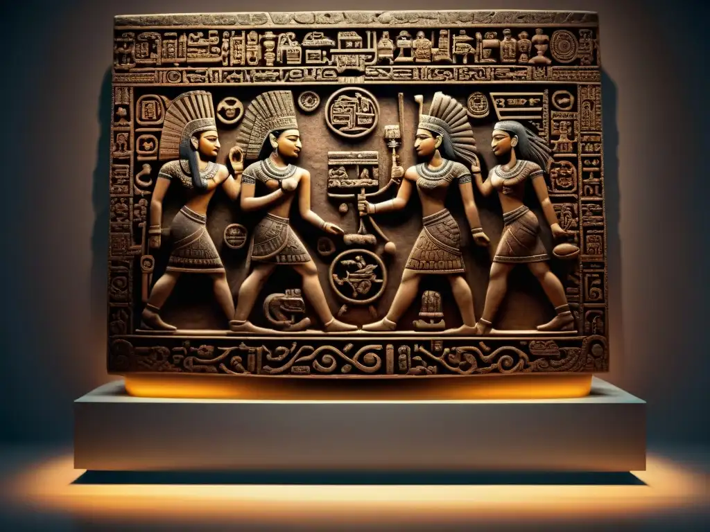 Impresionante tallado en piedra maya en exposición de museo iluminado, evocando misterio y cultura antigua