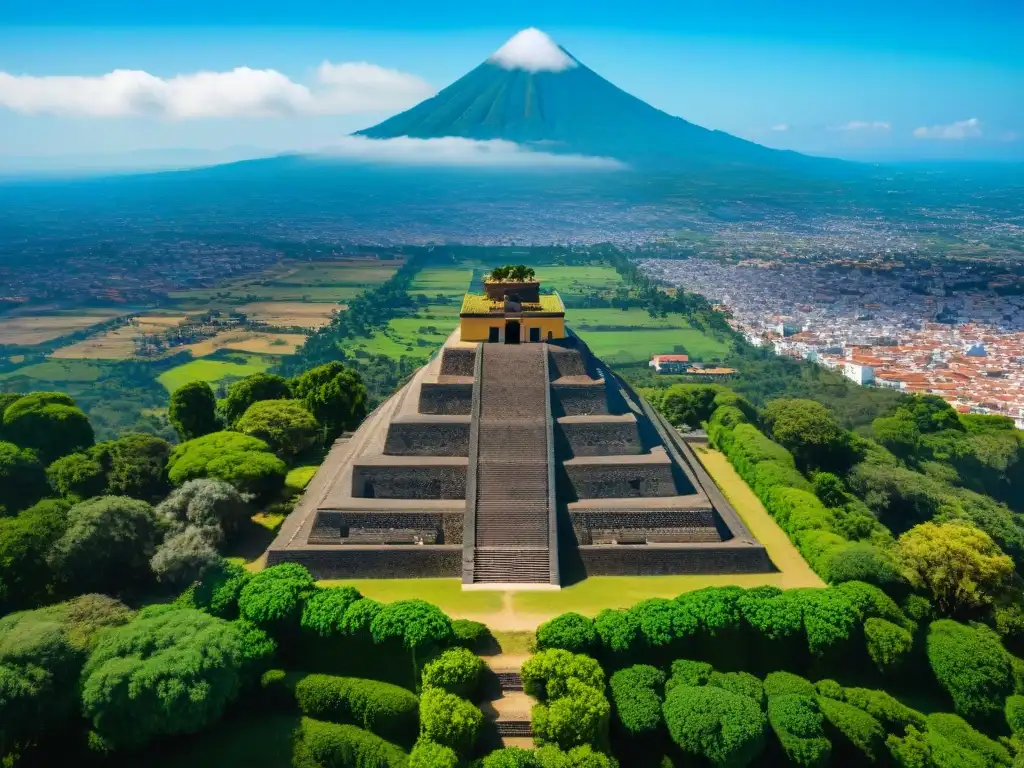 Impresionante vista aérea de la Gran Pirámide de Cholula resaltando su majestuosidad entre vegetación, bajo cielo azul