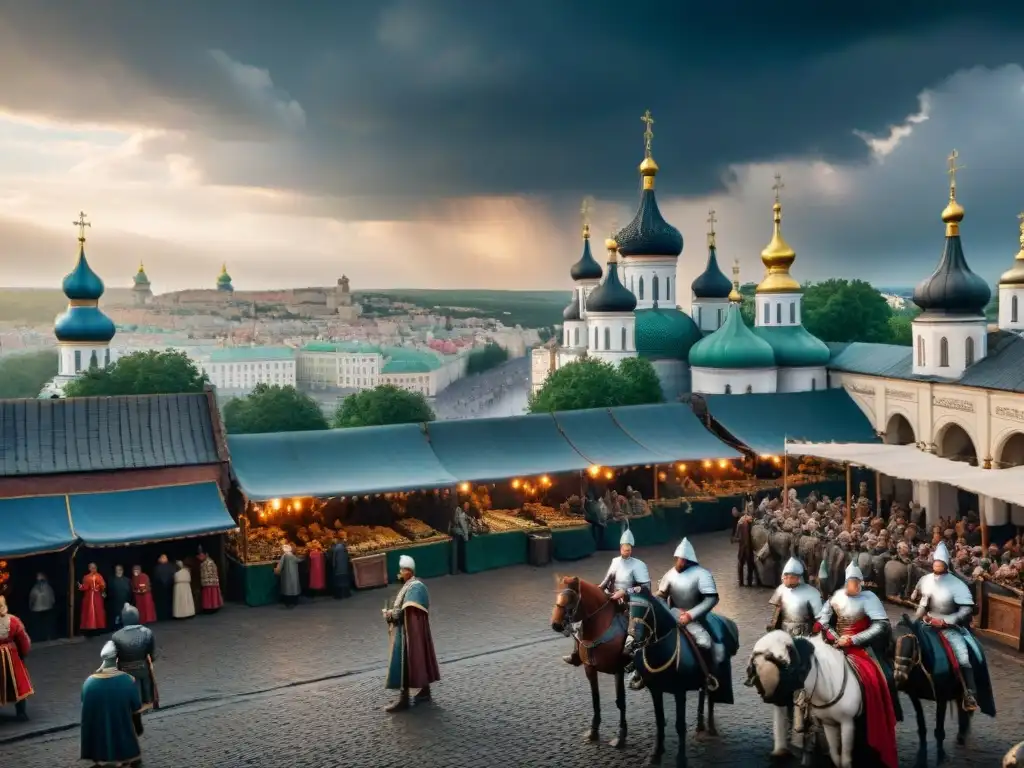 Impresionante vista de la ciudad medieval de Kiev con catedrales, mercados y murallas bajo un cielo tormentoso