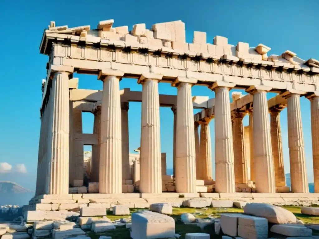 Impresionante vista del majestuoso Partenón en la Acrópolis de Atenas, con sus columnas dóricas y la luz sobre su superficie antigua, revelando los secretos de los dioses