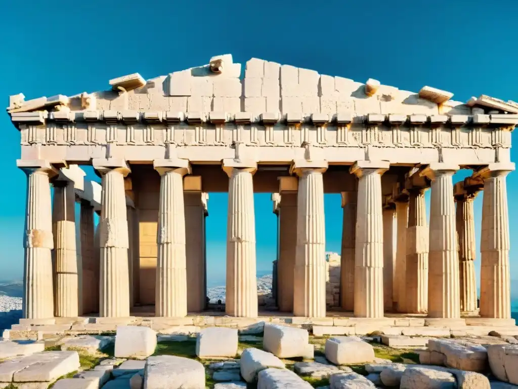 Impresionante vista del Partenón en la Acrópolis de Atenas, con detalles arquitectónicos y visitantes