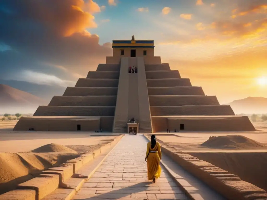 Impresionante ziggurat de Ur al atardecer, mostrando su majestuosa estructura escalonada