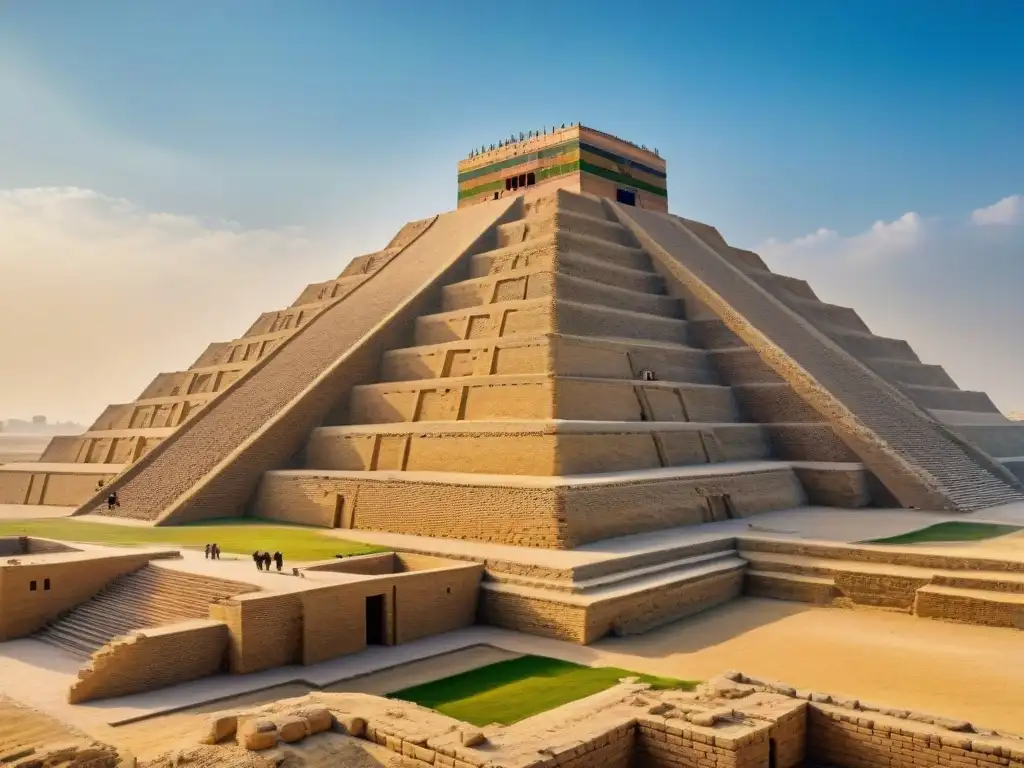 Impresionante Ziggurat de Ur en Mesopotamia, destacando su ingeniería civil y grandiosidad bajo el cielo azul