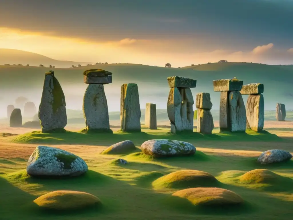 Impresionantes menhires antiguos se alzan en un campo verde, con el sol poniéndose detrás