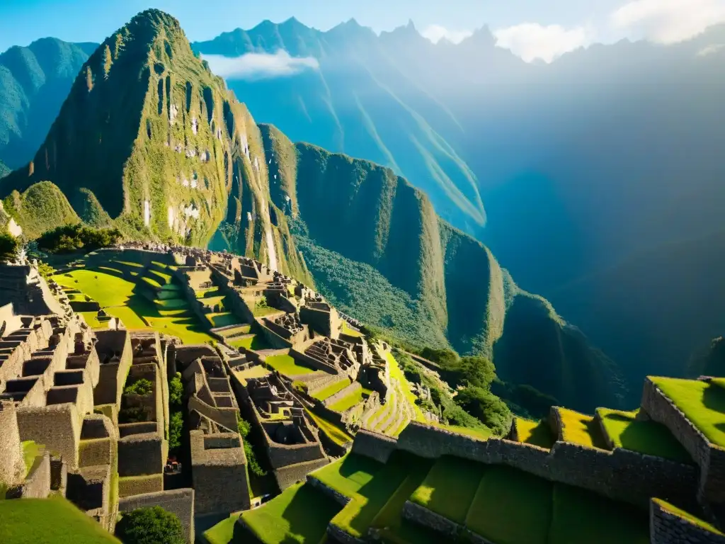 Ingeniería inca y misticismo: Detalle de las intrincadas piedras de Machu Picchu iluminadas por el sol, resaltando la precisión de los incas