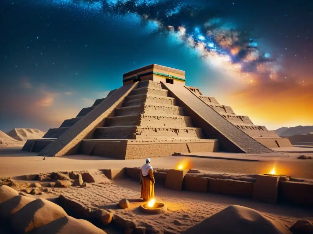 Increíble ilustración detallada de la ziggurat mesopotámica en Ur, con símbolos y grabados, bajo un cielo estrellado