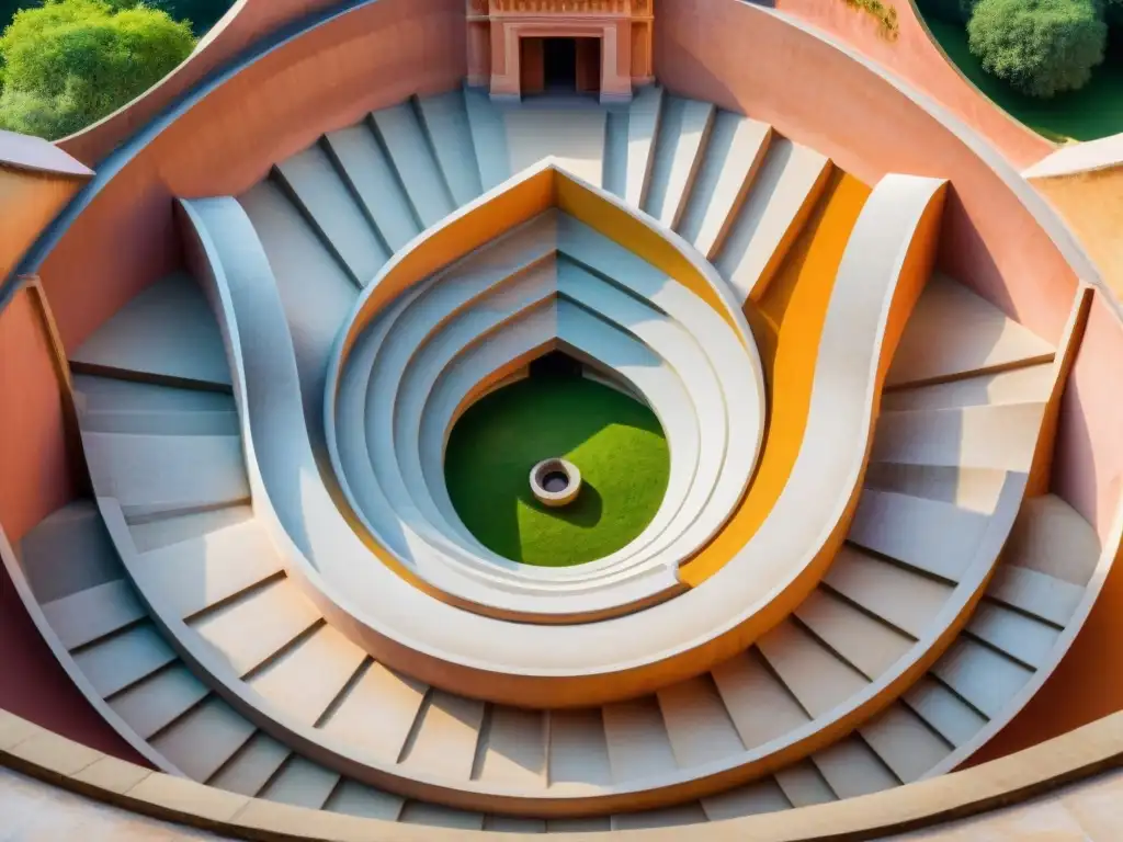 Increíble detalle de la construcción astronómica India Antigua del observatorio Jantar Mantar en Jaipur, India