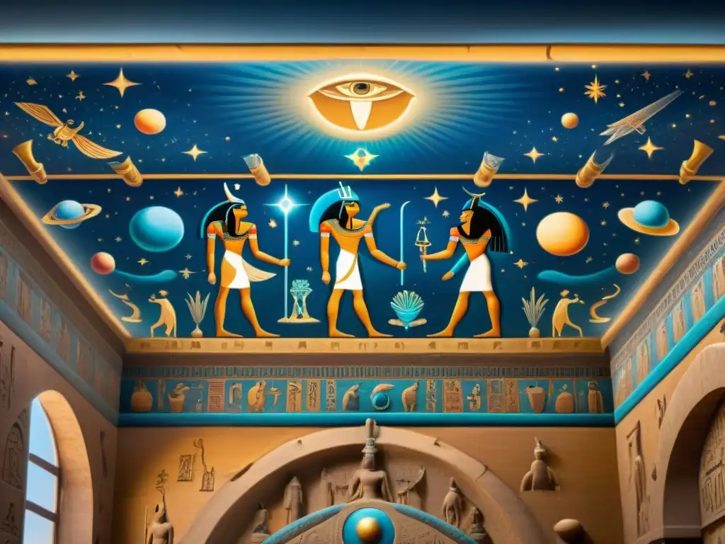 Increíble mural zodiacal egipcio en templo antiguo iluminado por antorchas