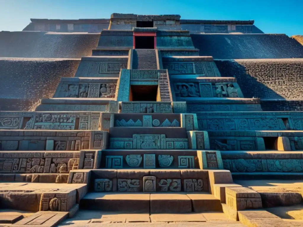 Increíbles detalles de las esculturas de piedra en la base de la Pirámide de la Luna en Teotihuacán, ciudad de dioses