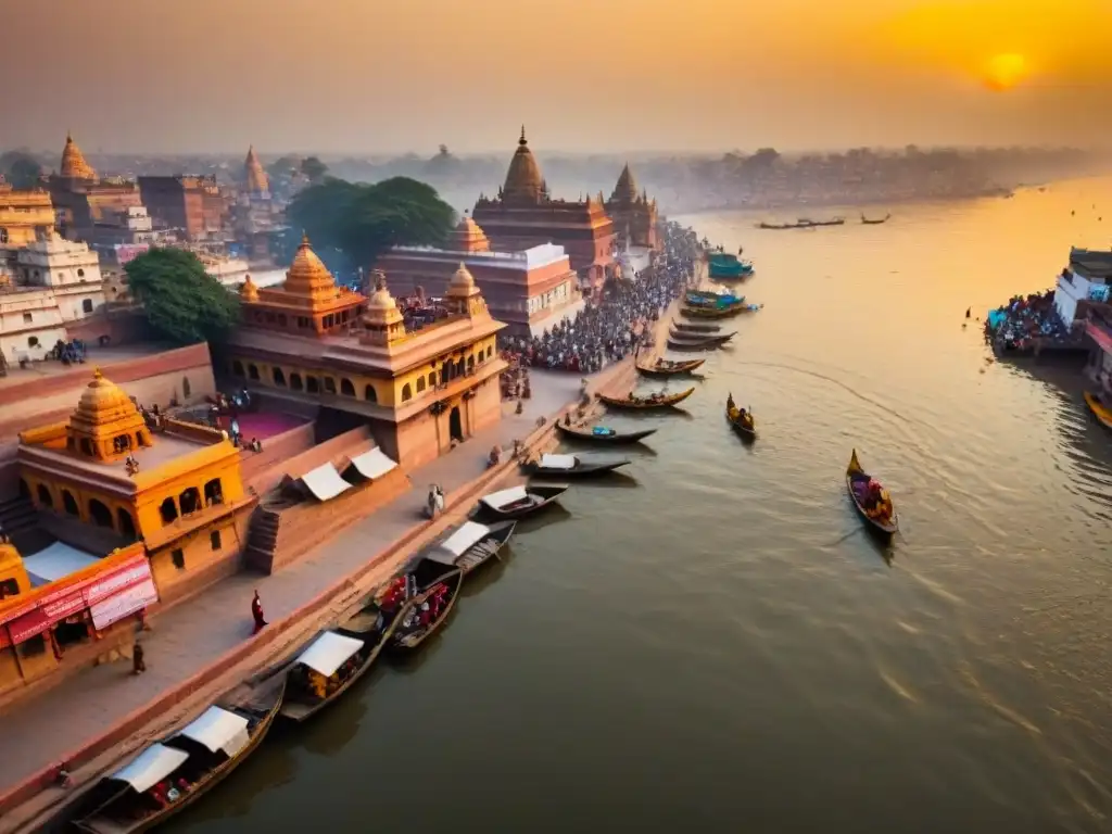 Río Ganges India: Devotos realizan rituales al amanecer en Varanasi, con templos antiguos y aguas sagradas reflejando el sol naciente