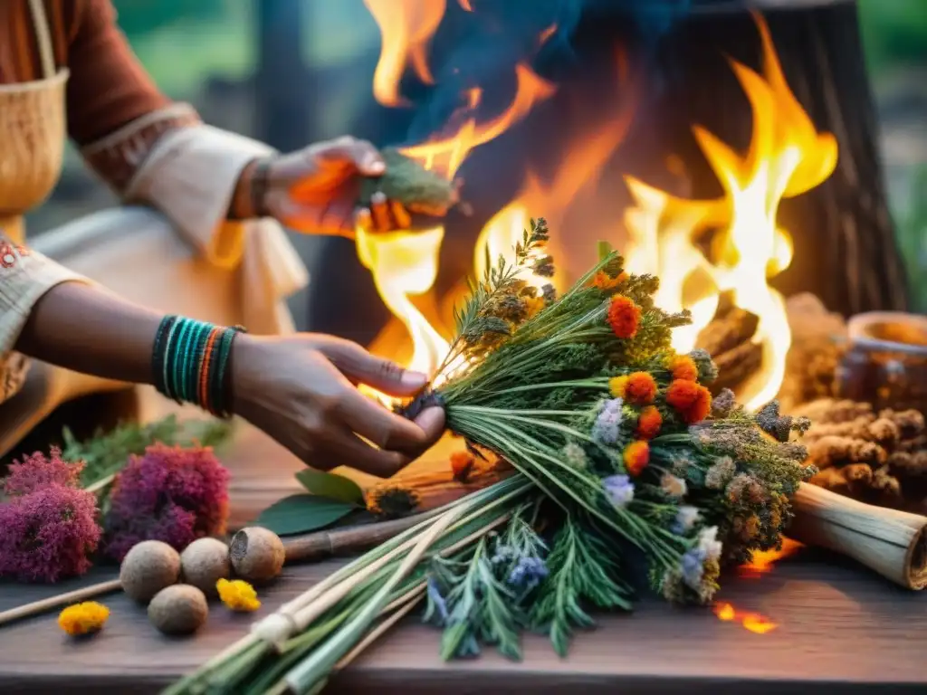 Un chamán indígena realiza un poderoso ritual de fuego con hierbas y flores, en un bosque místico iluminado