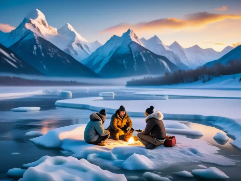 Indígenas pescando en hielo con ropa tradicional en clima frío eslavo