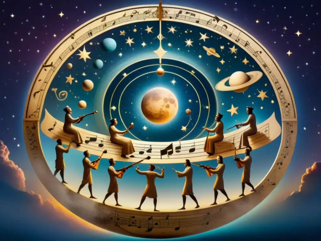 Influencia astros música antigua: Antiguo manuscrito ilustra músicos bajo la danza celestial de planetas y estrellas