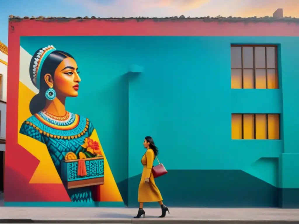 Influencia del arte mesoamericano contemporáneo: mural vibrante en una ciudad bulliciosa con motivos geométricos y colores brillantes