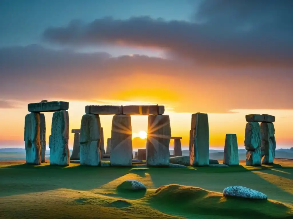 Influencia astral en Stonehenge: monumento antiguo silueteado contra un cielo vibrante al atardecer, con piedras enmarcando el sol poniente