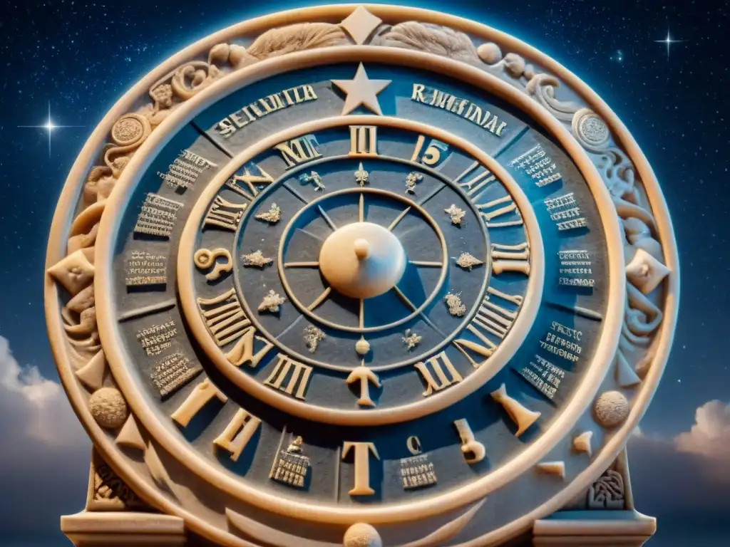 Influencia de la astrología romana: Detallado calendario astrológico romano tallado en mármol con símbolos zodiacales y motivos celestiales