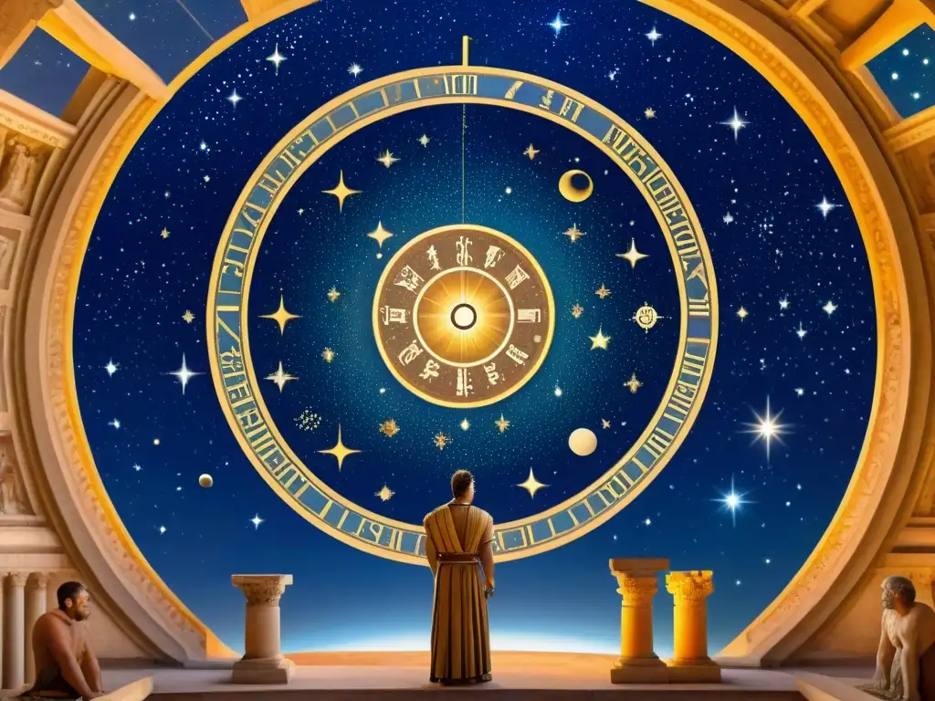 Influencia de la astrología romana en detallado mosaico de astrólogos romanos estudiando cuerpos celestes en templo romano grandioso