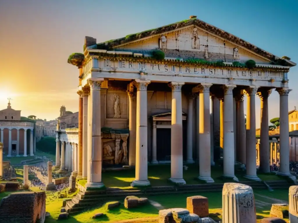 Influencia de la astrología romana: Ruinas del Templo de Saturno en el Foro Romano al atardecer, con inscripciones y grabados detallados