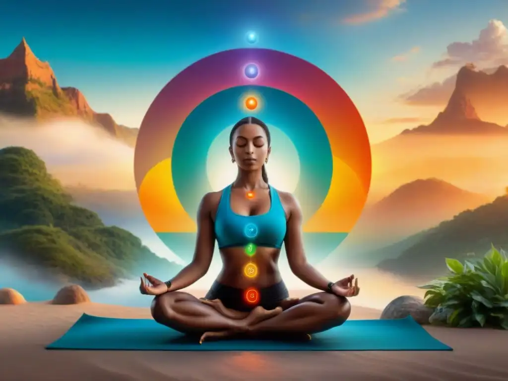 Influencia de los chakras: Persona en profunda meditación de yoga, con chakras iluminados en un escenario natural y colorido