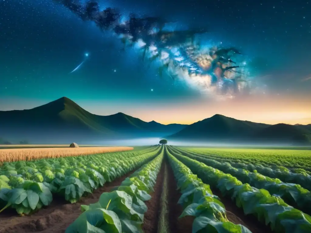 Influencia de constelaciones en prácticas agrícolas: Escena mística de agricultores bajo un cielo estrellado con constelaciones prominentes